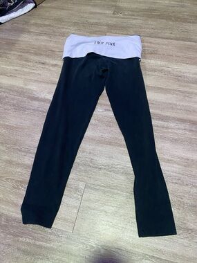 PINK Victoria's Secret Black Leggings with White/Lilac Fold-Over Waistband Y2K